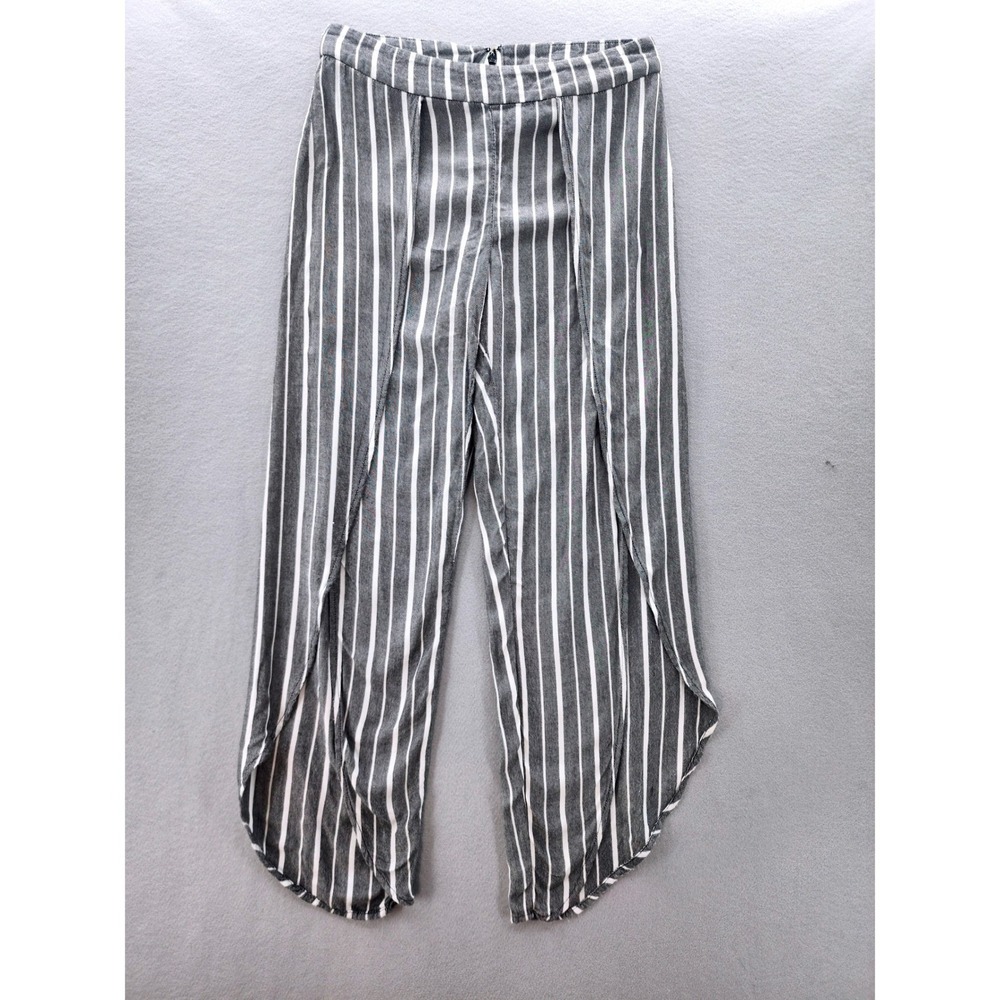 Free People Striped Tulip Hem Pants Gray White High Rise Boho Rayon Size 2